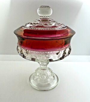 VINTAGE KINGS CROWN RUBY RED THUMBPRINT COMPOTE GLASS CANDY DISH WITH LID